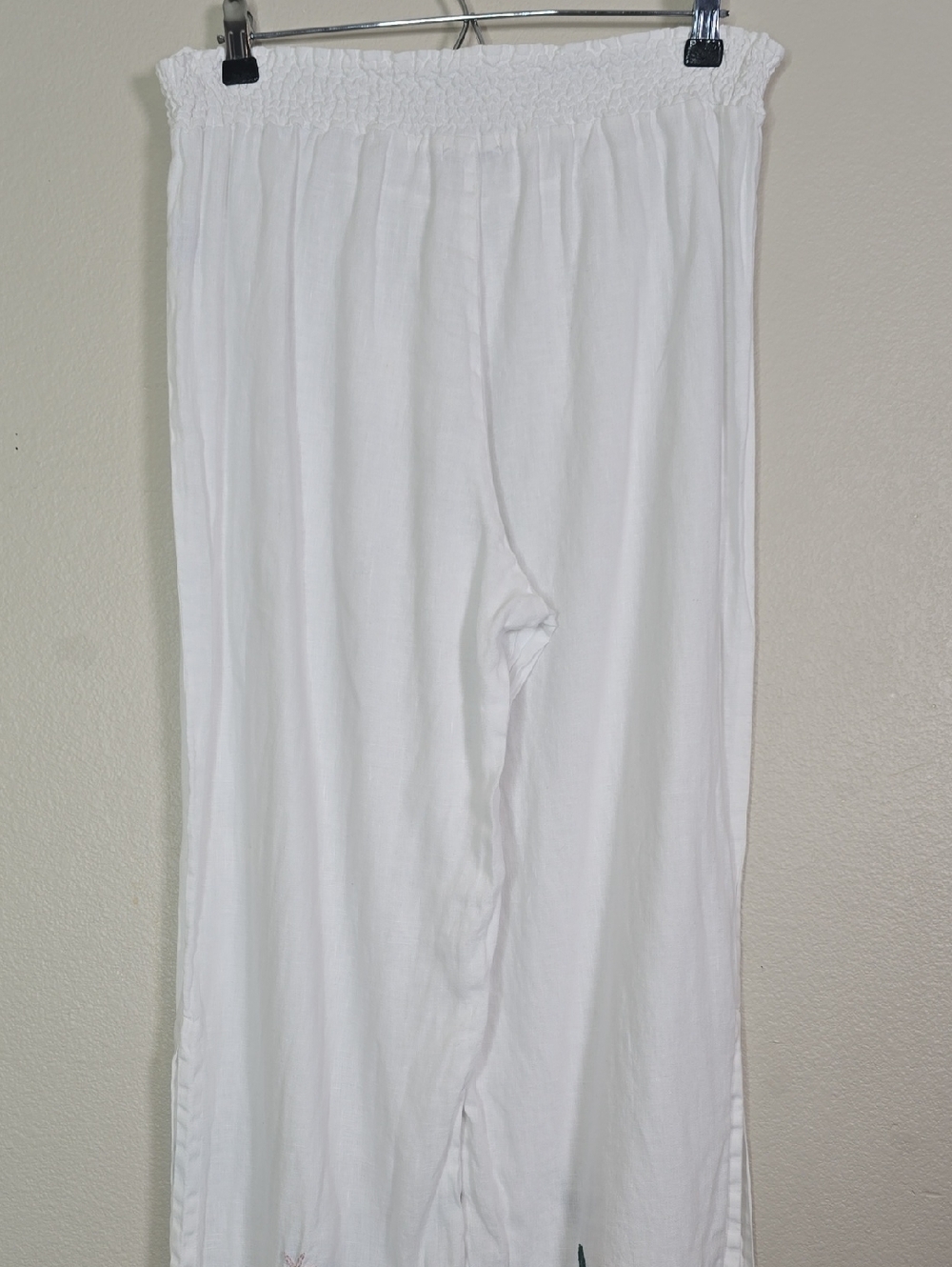 Jhonny Was Martini High Slit White Wide-Leg Linen Embroidered Floral Palazo M. - Picture 9 of 11